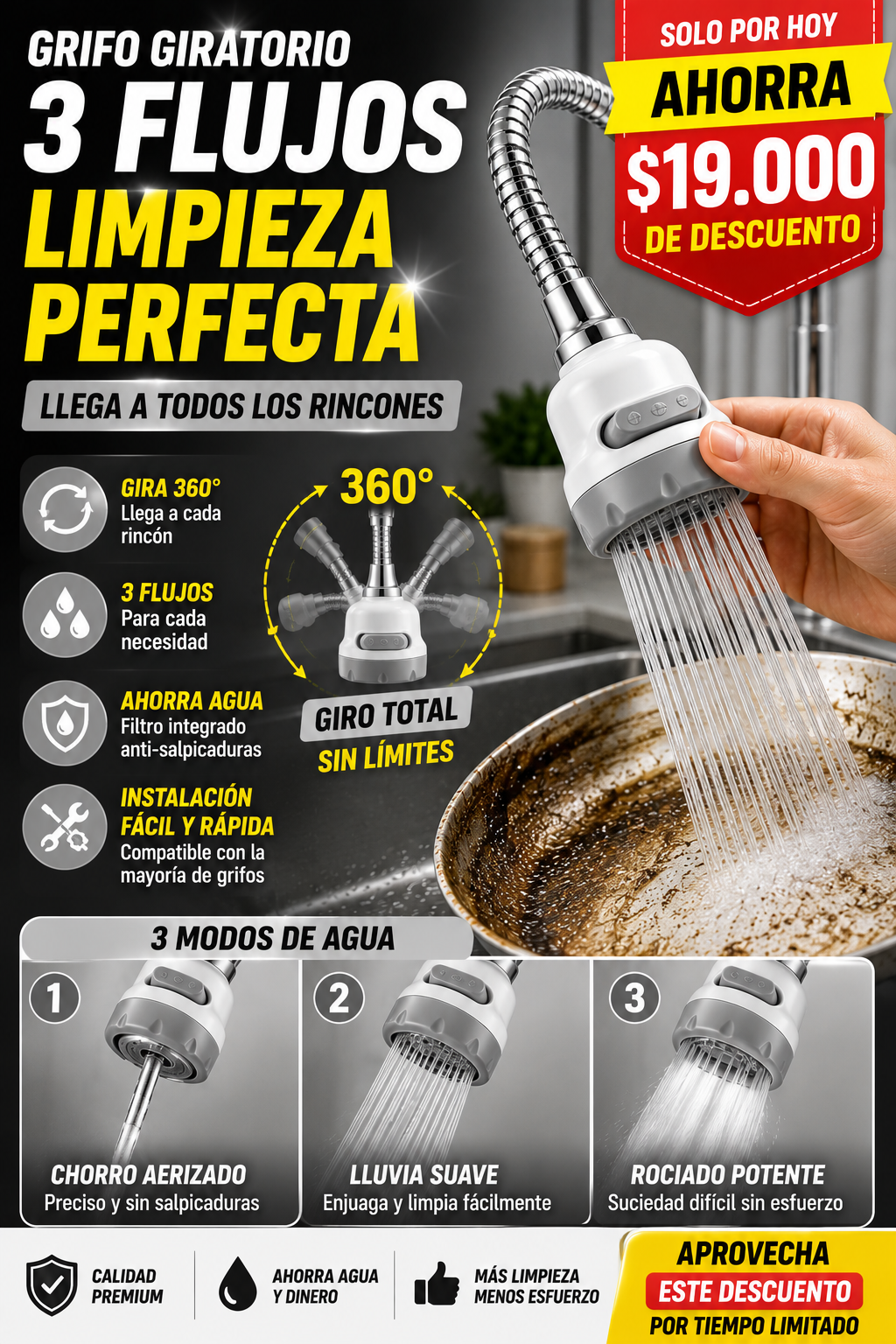 Rociador de 3 Flujos con rotación 360 para una limpieza perfecta
