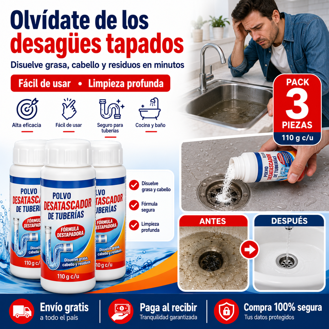 3 Polvos destapadores de cañerías